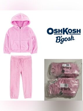 🆕OSHKOSH - 4T - NWT - 2PC SET - GIRLS PINK SHERPA FLEECE ZIP UP HOODIE AND PANTS